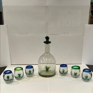 Agave Hand-Blown Glass Decanter and 6 Shot Glasses